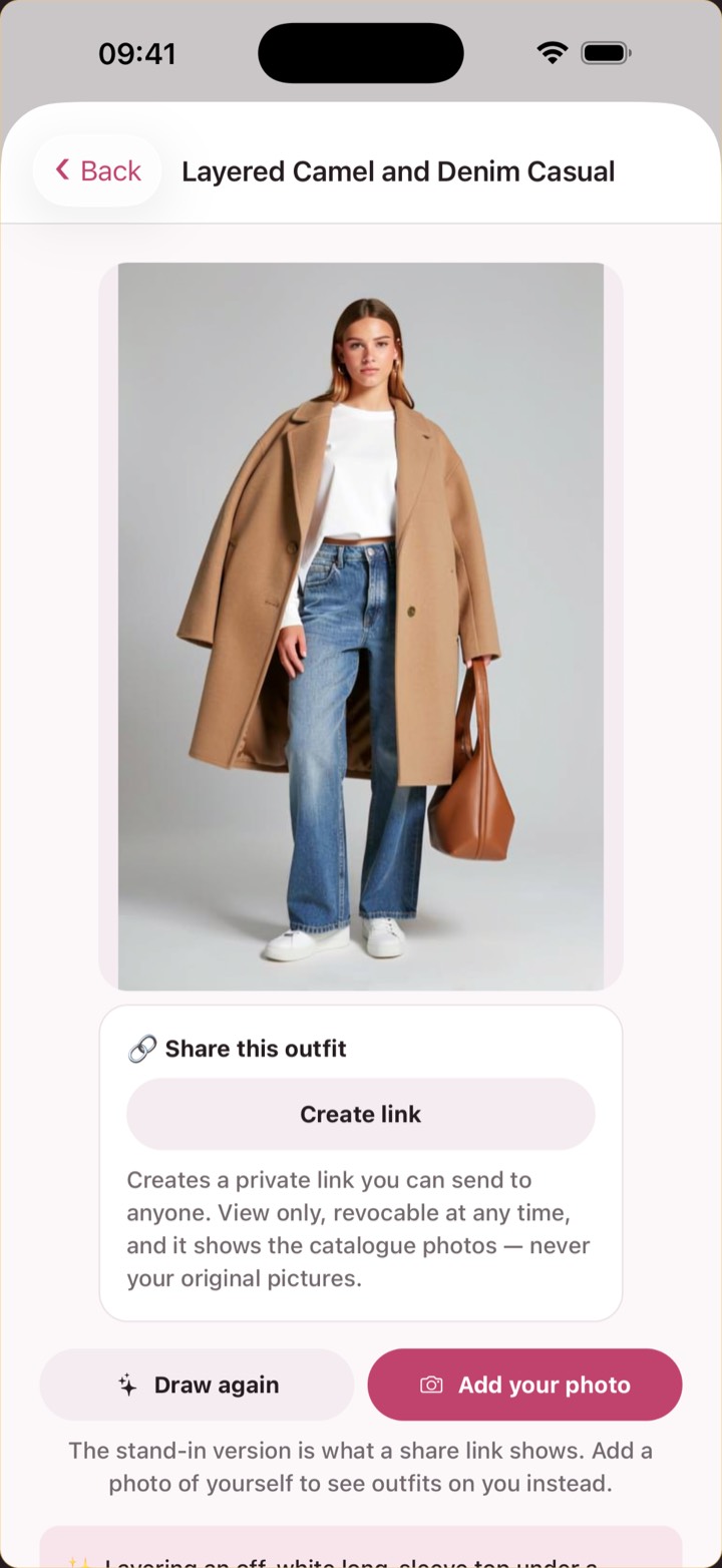 An outfit the stylist built, rendered on a stand-in model, with the pieces from the wardrobe listed under it.