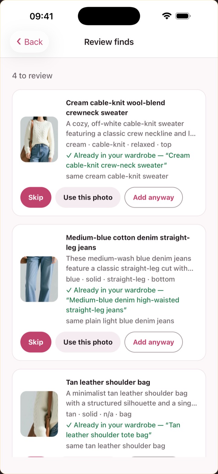 Review finds: the garments detected in one photo, each named with its category and colour, waiting to be accepted.