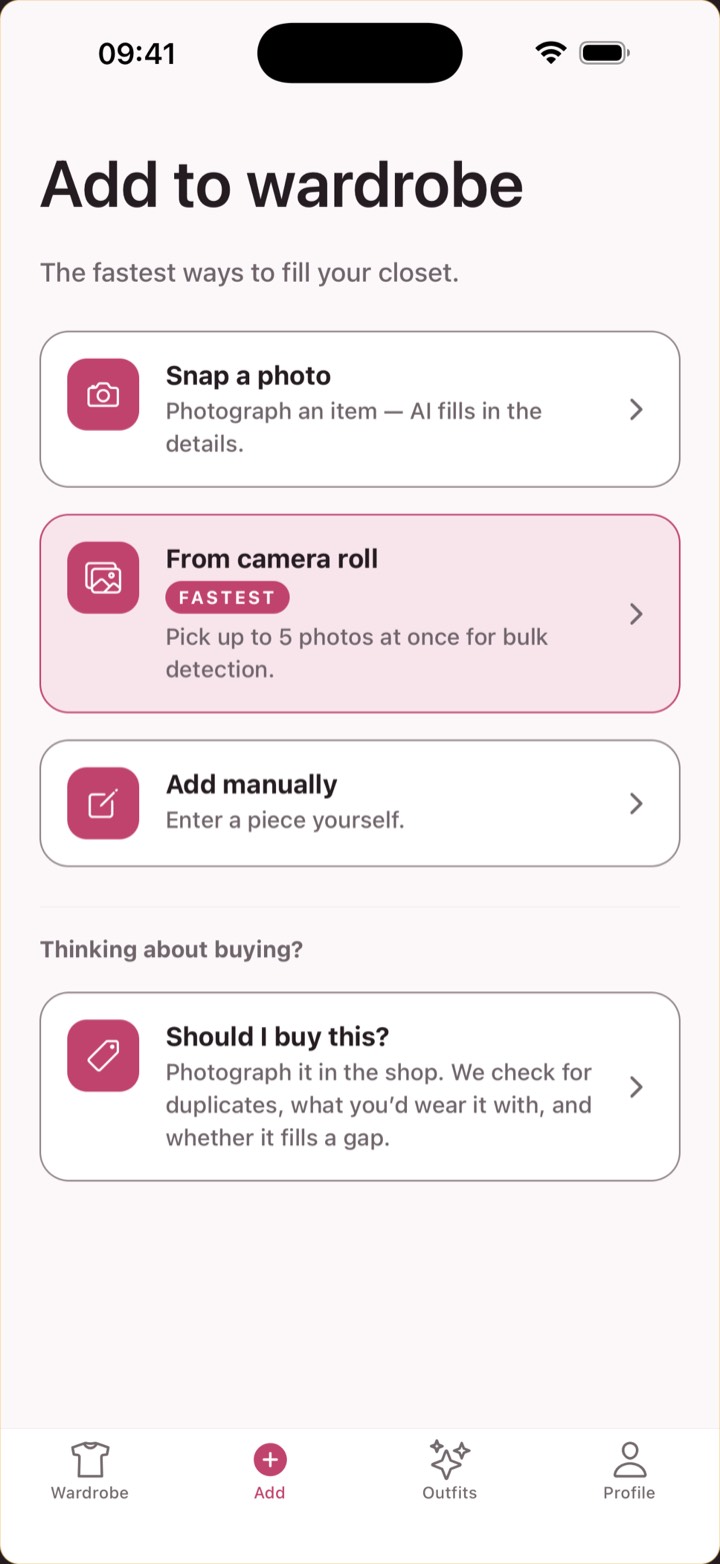 The Add screen in Wearobe: take a photo of one garment, or pick a batch from the camera roll.