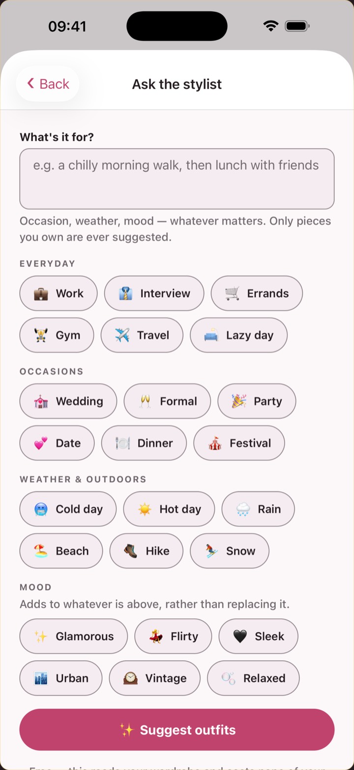 Ask the stylist: a prompt box and occasion chips such as Work, Date and Cold day.