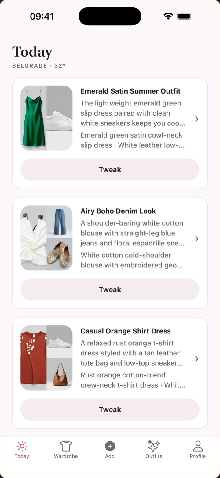 The Today tab: the local forecast at the top and three outfits from the wardrobe that suit it.