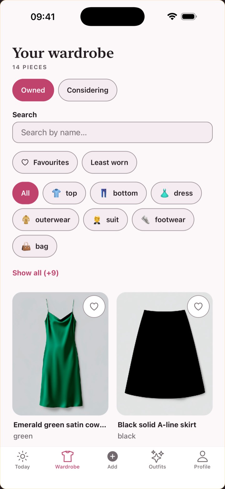 The wardrobe grid: every garment photographed and catalogued, with a search box above.
